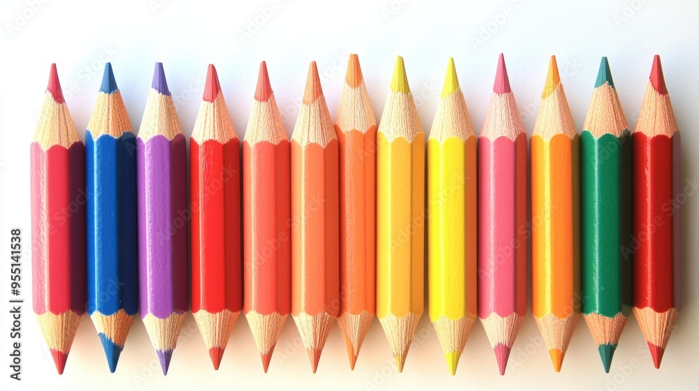 A group of colorful pencils arranged in a rainbow pattern on a white background, with each pencil perfectly aligned in a gradient.