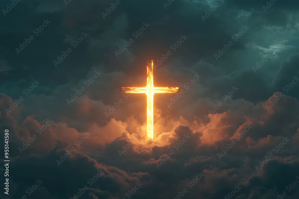 A glowing cross is prominently displayed in a cloudy sky, radiating light through the clouds A glowing cross is prominently displayed in a cloudy sky, radiating light through the clouds