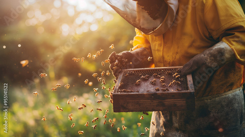 A beekeeper taking care of his hives. Honey bees and organic honey production, documentary style of photography. Professional beekeeper working in his apiary and bee-garden, close up shot.