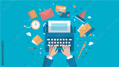 Content creation copywriting author journalist typewriter retro old school journalism authoring writing process writer content marketing blue background freelancer writing content blogger blog post