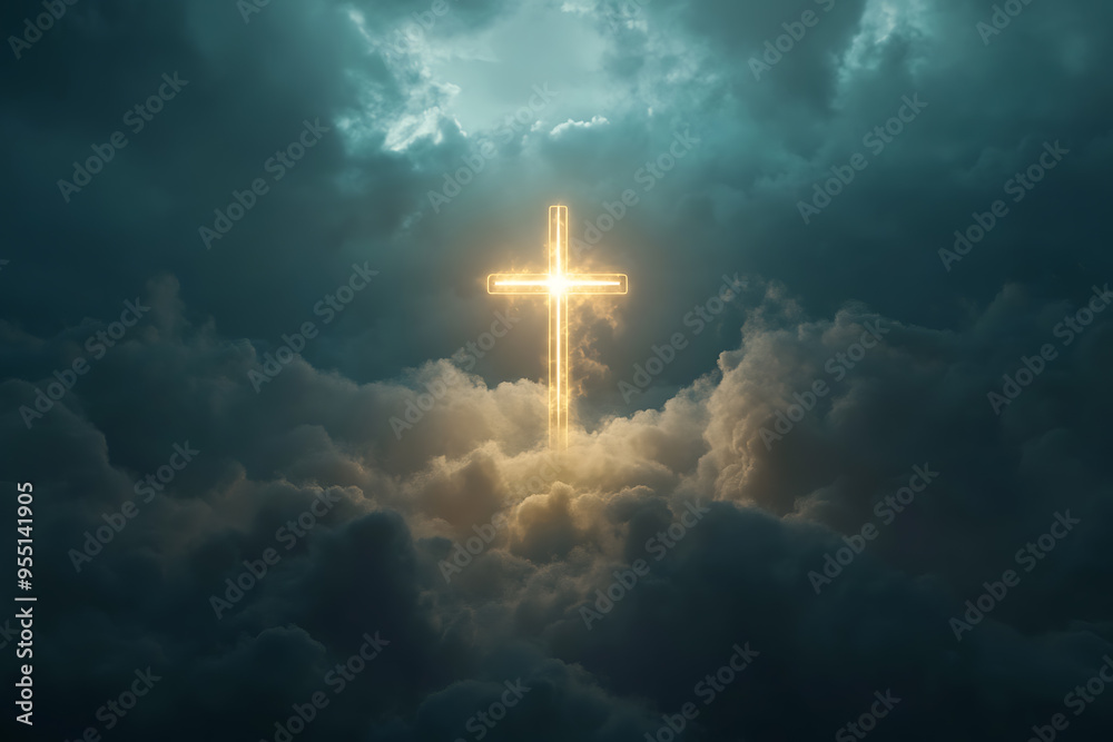 A glowing cross is prominently displayed in a cloudy sky, radiating light through the clouds A glowing cross is prominently displayed in a cloudy sky, radiating light through the clouds