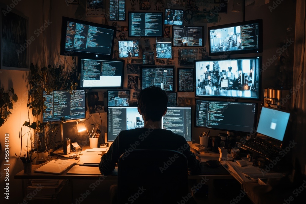 coder or programmer working late at night, illuminated by multiple screens filled with code, surrounded by coffee cups, notepads, and tech gadgets coder or programmer working late at night, illuminated by multiple screens filled with code, surrounded by coffee cups, notepads, and tech gadgets