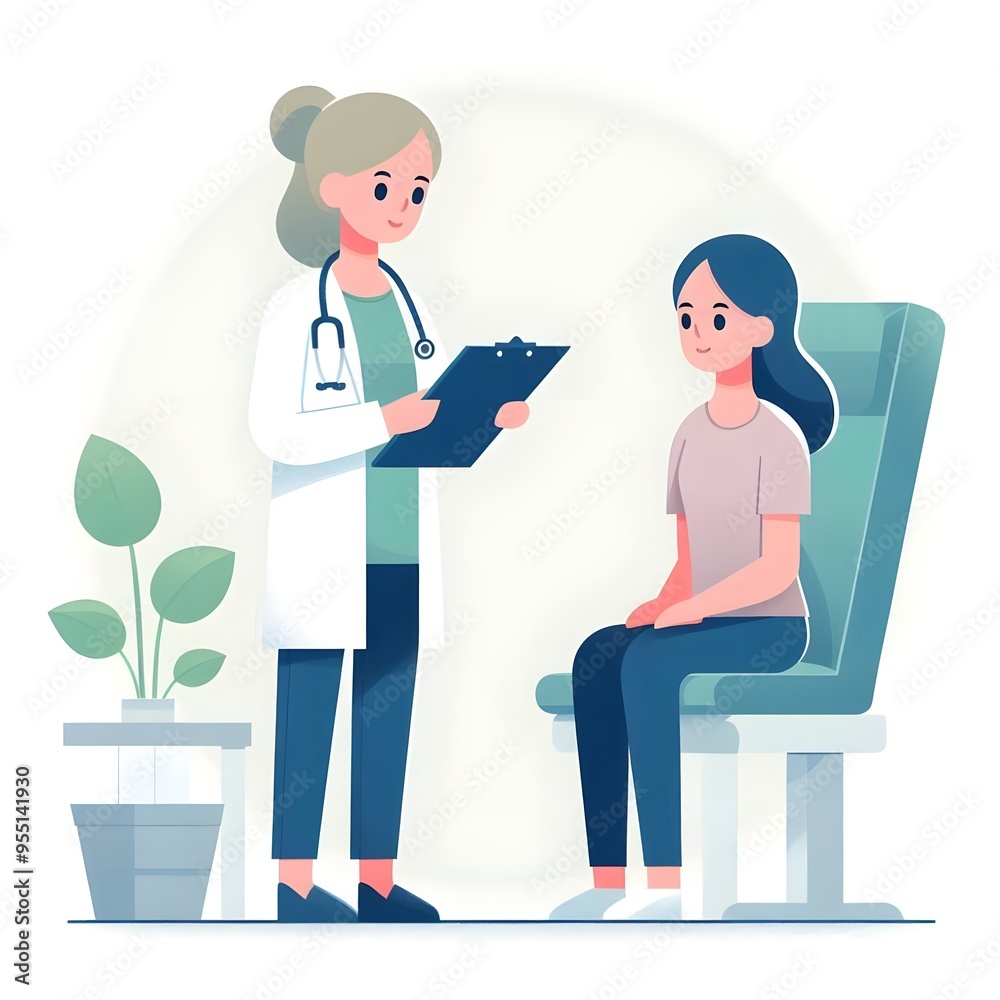 Flat Design Cartoon Female Doctor Giving a Female Patient a Check-up - Isolated on White Background