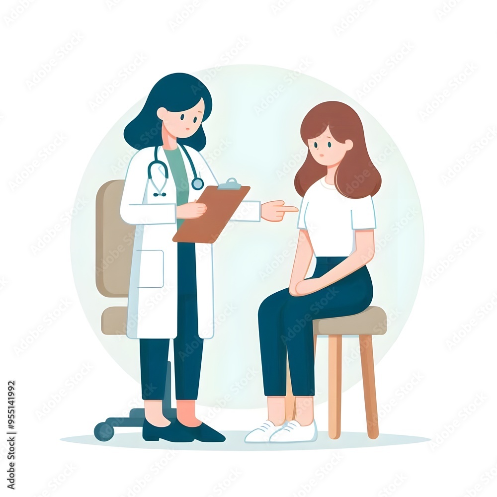 Flat Design Cartoon Female Doctor Giving a Female Patient a Check-up - Isolated on White Background Flat Design Cartoon Female Doctor Giving a Female Patient a Check-up - Isolated on White Background
