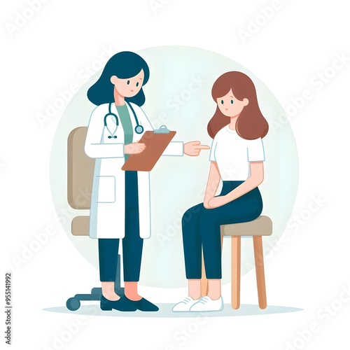 Flat Design Cartoon Female Doctor Giving a Female Patient a Check-up - Isolated on White Background