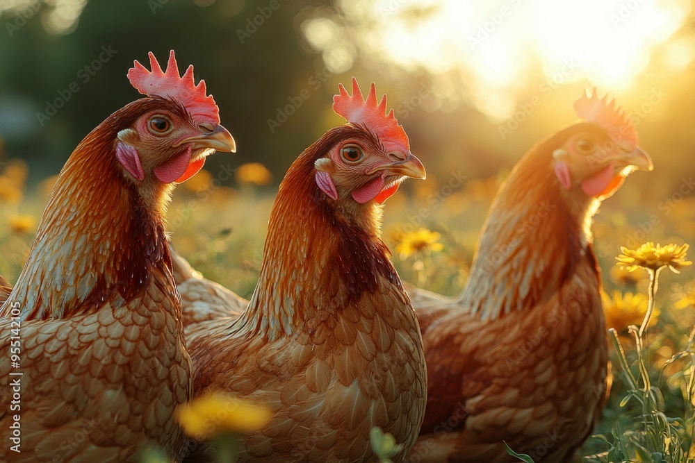 Fototapeta premium Three Brown Hens in a Field of Yellow Flowers at Sunset