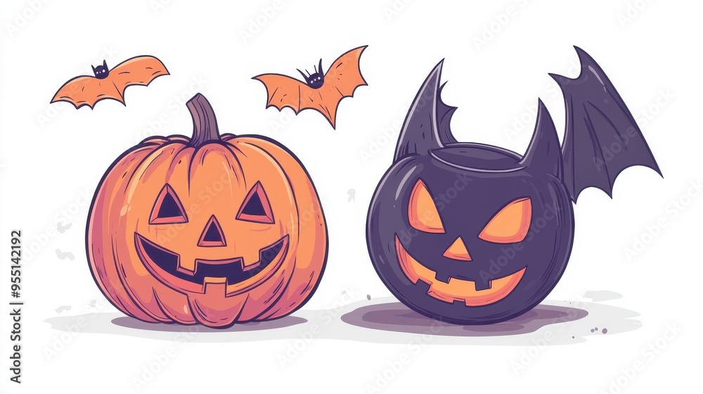 Fototapeta premium Cheerful Halloween decorations featuring a carved pumpkin and a playful bat-shaped container, perfect for festive autumn vibes.