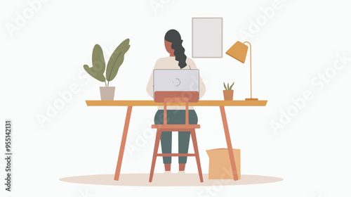 Woman working from home office on laptop computer at deskfreelance work from home entrepreneur online business student study remote work illustration graphic design element
