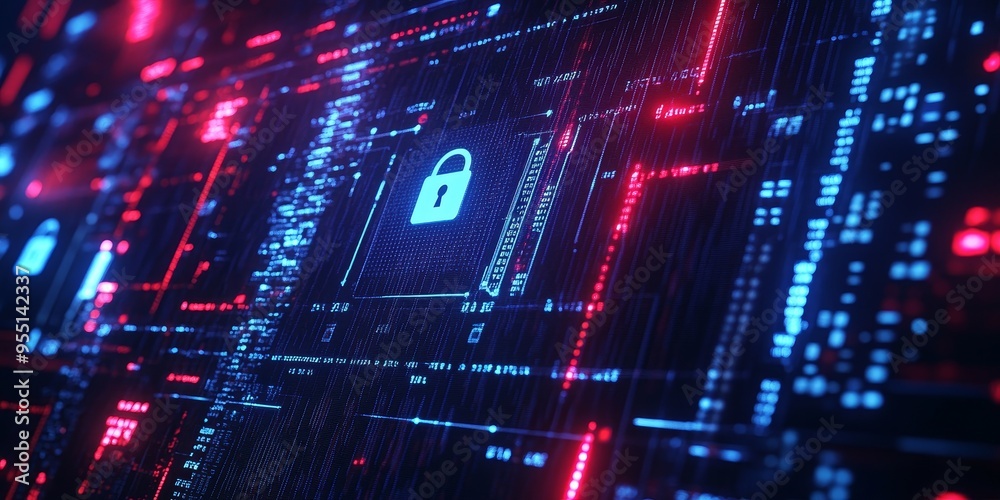 Close-up of a cybersecurity dashboard with security protocols in place, featuring a grid of codes and a lock icon to indicate data protection measures