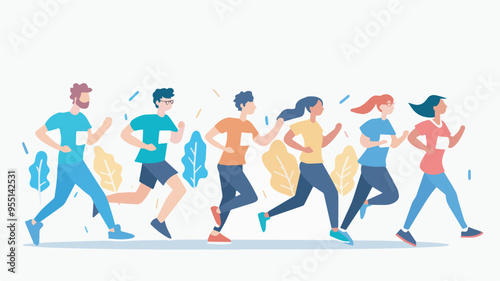 Group of people running marathon runners jogging men women colorful isolated figures healthy lifestyle sport activity concept flat horizontal banner design illustrationno background