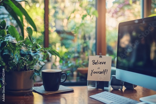 world encouragement day. workspace with a computer, coffee, and a handwritten note on the desk that reads 