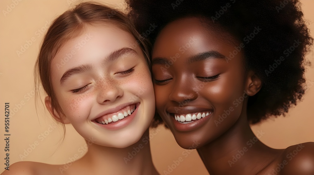 Diverse Smiling Young Women Bonding with Closed Eyes in Joy Diverse Smiling Young Women Bonding with Closed Eyes in Joy