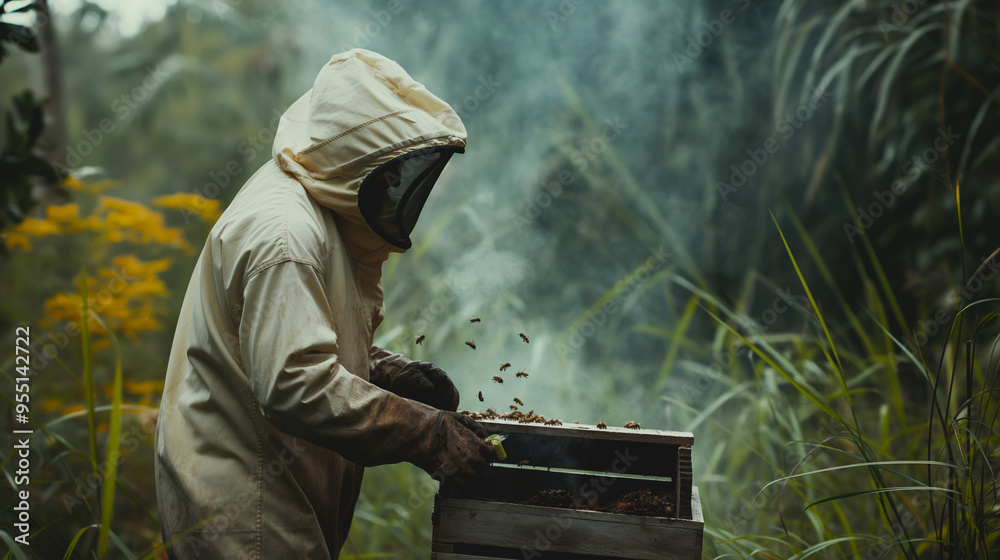 A beekeeper taking care of his hives. Honey bees and organic honey production, documentary style of photography. Professional beekeeper working in his apiary and bee-garden, close up shot. A beekeeper taking care of his hives. Honey bees and organic honey production, documentary style of photography. Professional beekeeper working in his apiary and bee-garden, close up shot.