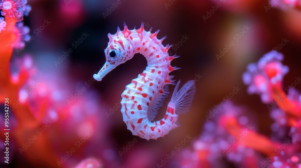 A macro shot of a tiny seahorse in a home aquarium, highlighting the delicate patterns on its body and the vivid colors of its surroundings. A macro shot of a tiny seahorse in a home aquarium, highlighting the delicate patterns on its body and the vivid colors of its surroundings.