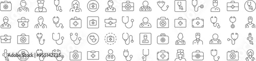 Doctor, Stethoscope, Medical Suitcase Outline Picture Collection. Editable Stroke. Perfect for Infographics, Articles, Books, Flyers, Banners