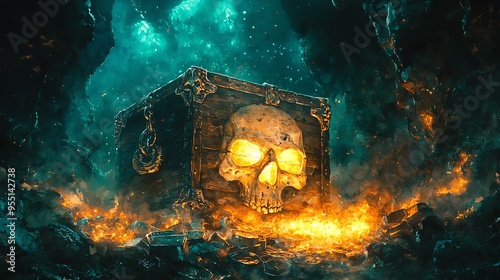 Ghostly pirate treasure, glowing under the sea, ancient curse, Watercolor style photo