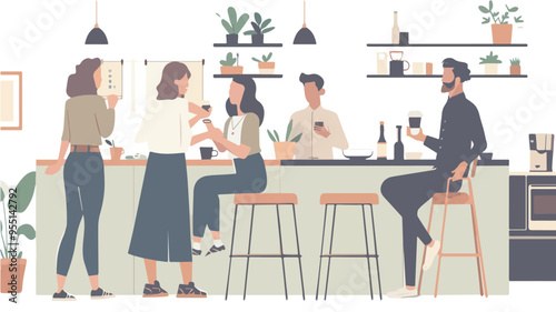 Group friends socializing modern office kitchen coffee break teamwork communication colleagues informal meeting coworkers enjoying drinks together friendship at workIllustration