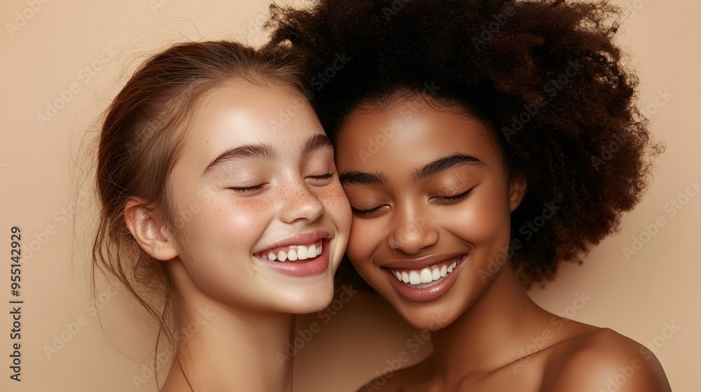 Smiling Young Diverse Women Bonding with Closed Eyes on Beige Background Smiling Young Diverse Women Bonding with Closed Eyes on Beige Background