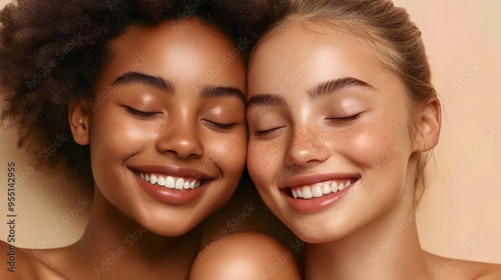 Smiling Diverse Young Women Bonding with Closed Eyes on Beige Background Smiling Diverse Young Women Bonding with Closed Eyes on Beige Background