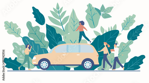 Group of people walking near electric car eco transport green city ecology concept background isolated illustration vector design graphic element