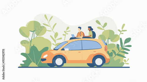 Couple Sitting On Car Roof Digital Nomad Lifestyle Travel Remote Work Online Business Trip Freelance Work From Anywhere Summer Road Trip Vacation