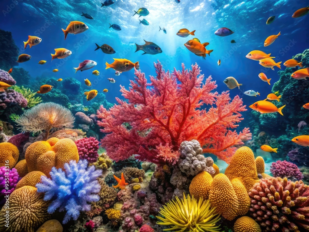 Naklejka premium Vibrant coral reef teeming with diverse marine life, delicate sea fans, and schools of fish, set against a backdrop of crystal-clear turquoise ocean water.