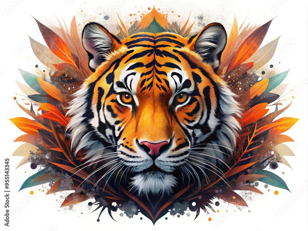 Vibrant digital illustration of a majestic tiger's head in bold black and orange hues, abstracted into geometric shapes and swirling patterns on a white background. Vibrant digital illustration of a majestic tiger's head in bold black and orange hues, abstracted into geometric shapes and swirling patterns on a white background.