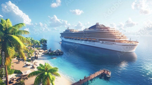 A modern cruise ship docked at a tropical island, with passengers disembarking to explore the sandy beaches and palm trees nearby. photo