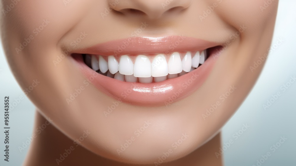 Fototapeta premium Beautiful female smile after teeth whitening procedure. Dental care. Dentistry concept. Neural network ai generated art