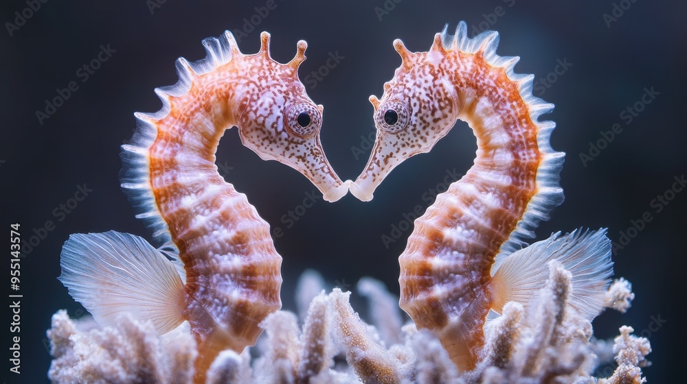 A pair of seahorses facing each other, their tails curled around the same piece of coral, as if they are engaging in a gentle dance. A pair of seahorses facing each other, their tails curled around the same piece of coral, as if they are engaging in a gentle dance.