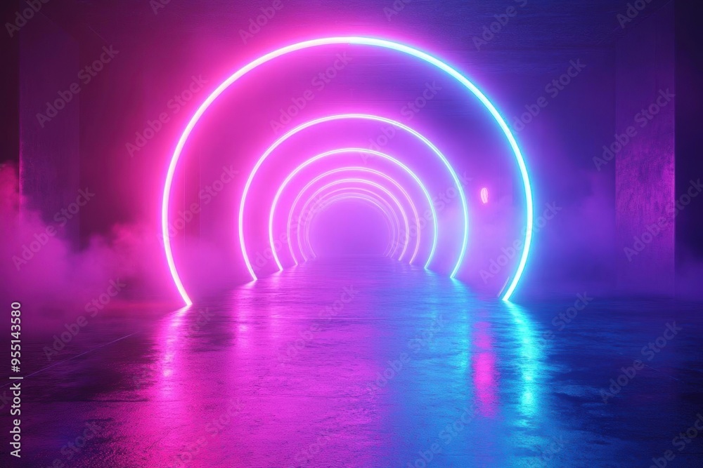 Neon lights create a futuristic tunnel in a dark, smoky setting. Neon lights create a futuristic tunnel in a dark, smoky setting.