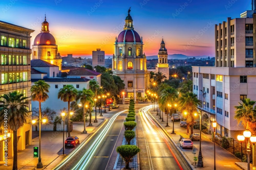 Fototapeta premium Vibrant evening cityscape of downtown Pasadena featuring historic City Hall, pedestrian traffic, and lively streetlights illuminating palm-lined streets and modern skyscrapers.