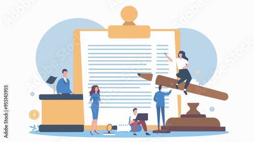 Business contract agreement legal document notary service people signing paper form with giant pen and stamp finance office teamwork concept illustration