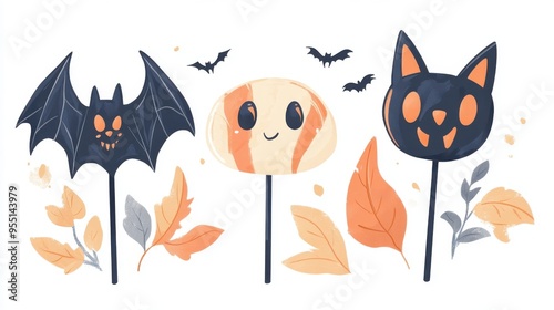Wallpaper Mural Delightful Halloween-themed lollipops featuring a bat, a ghost, and a cat with autumn leaves in soft hues. Torontodigital.ca