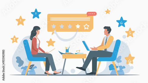 Business meeting customer feedback five star rating positive review online satisfaction service experience quality client testimonial service evaluation consumer excellent supportillustration design photo