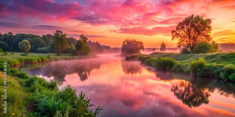 4. 'Deep Pink sunset on tranquil riverbank, lined with lush greenery, a touch of whimsy and dreaminess emanating from the misty veil of dawn.' 4. 'Deep Pink sunset on tranquil riverbank, lined with lush greenery, a touch of whimsy and dreaminess emanating from the misty veil of dawn.'