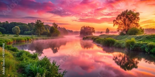 4. 'Deep Pink sunset on tranquil riverbank, lined with lush greenery, a touch of whimsy and dreaminess emanating from the misty veil of dawn.'