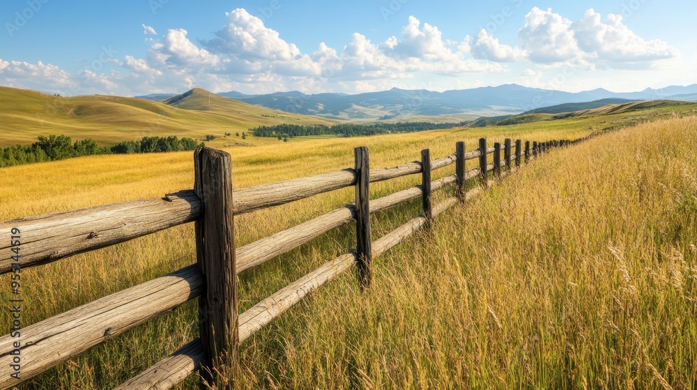 A rustic wooden fence dividing a field of tall grass from a scenic countryside, with rolling hills and distant mountains in the background. A rustic wooden fence dividing a field of tall grass from a scenic countryside, with rolling hills and distant mountains in the background.