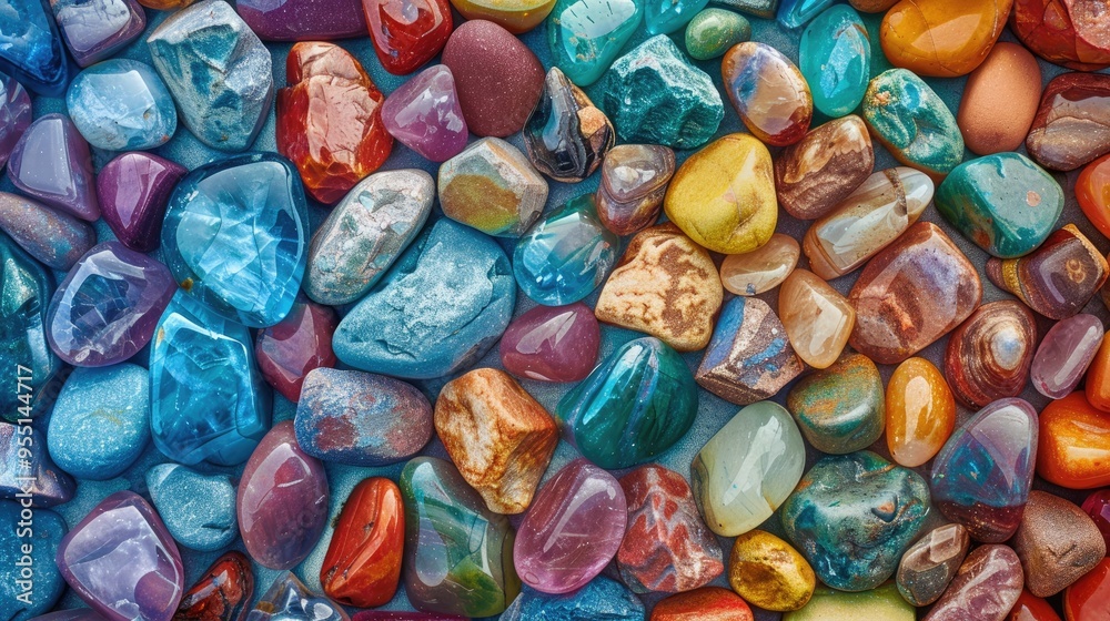Colorful polished stones arranged on a flat surface. Colorful polished stones arranged on a flat surface.