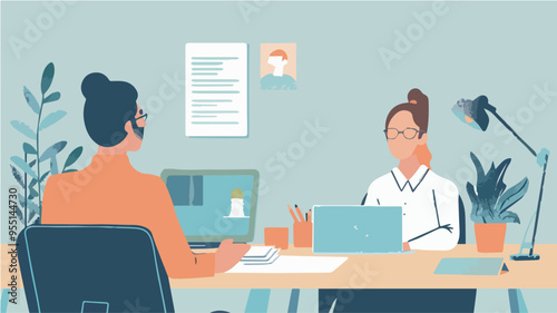 Job interview online video conference remote work business meeting colleagues discussing work at office desk human resources recruitment concept background