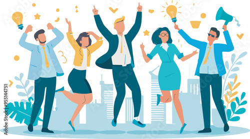 Business team success happy employees celebrating victory office workers rejoice at common achievement great teamwork cooperation winning company concept isolated background