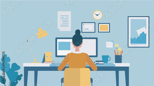 Woman working from home office workplace desk computer business woman freelancer online education studying learning work from home illustration remote work