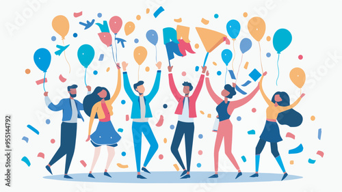 Diverse group of people celebrating with balloons and confetti party celebration teamwork success achievement festive joy fun