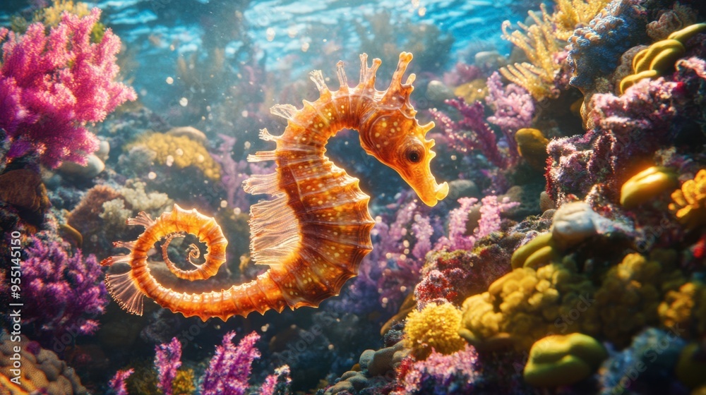 A seahorse captured mid-motion, using its tiny fins to navigate the water, with a backdrop of a colorful coral reef teeming with marine life. A seahorse captured mid-motion, using its tiny fins to navigate the water, with a backdrop of a colorful coral reef teeming with marine life.