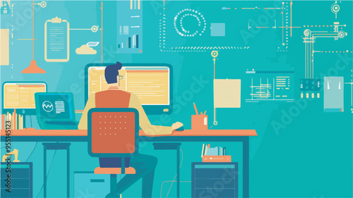 Programmer working late at night software developer coding and programming on computer in office with algorithm and flowchart on background background no background graphic design element