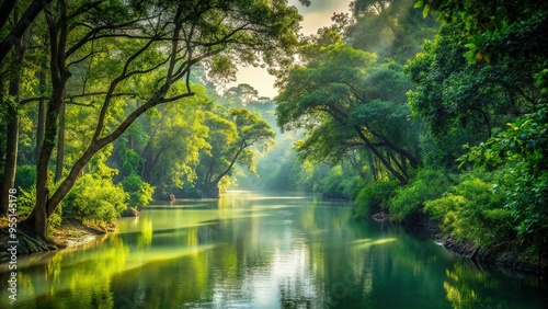A winding river flows through a dense green Bangladesh forest, with dappled sunlight filtering through the canopy, creating a peaceful atmosphere, a realistic photo image.