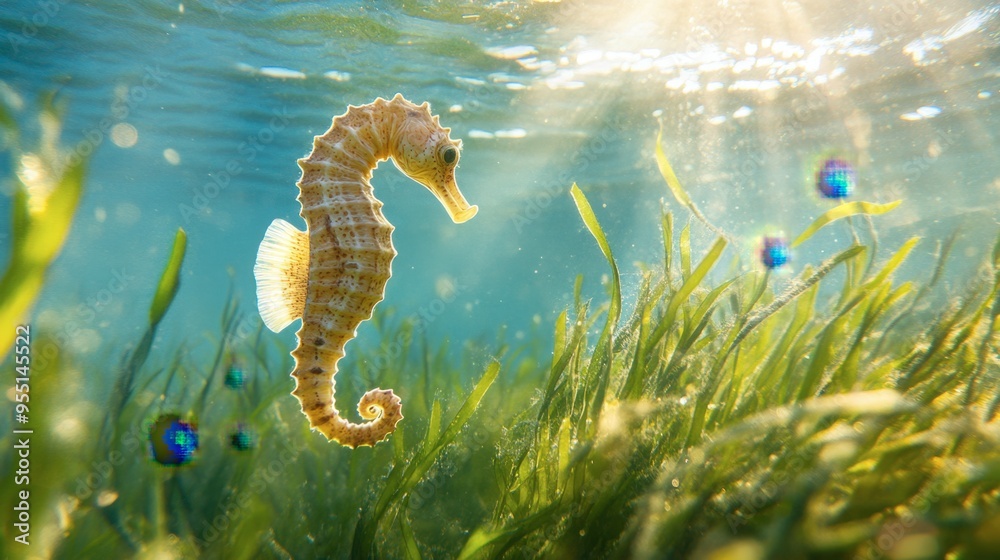 A seahorse gently clinging to a strand of seagrass in shallow, clear water, with sunlight filtering through the surface, creating a peaceful and serene scene. A seahorse gently clinging to a strand of seagrass in shallow, clear water, with sunlight filtering through the surface, creating a peaceful and serene scene.