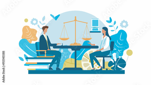 Lawyer And Client Discussing Contract Justice Law Legal Advice Litigation Advocate Negotiation Agreement Business Consulting Finance Judiciary Balance Courtroom Courthouse Counsel ScalesIllustration