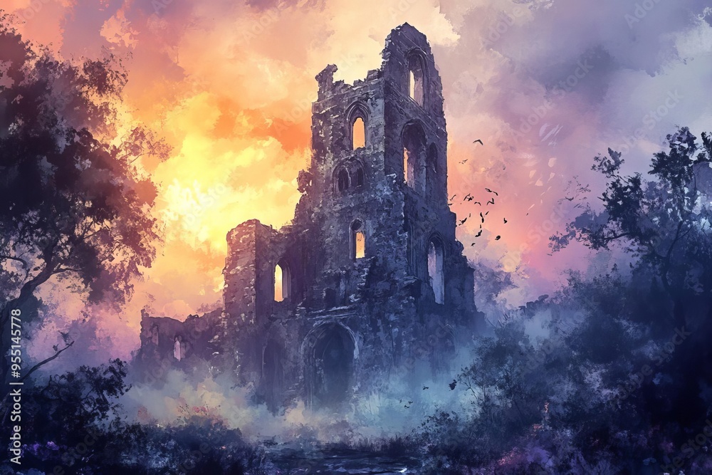 Towering gothic ruins, overrun with nature, twilight sky, Watercolor style Towering gothic ruins, overrun with nature, twilight sky, Watercolor style