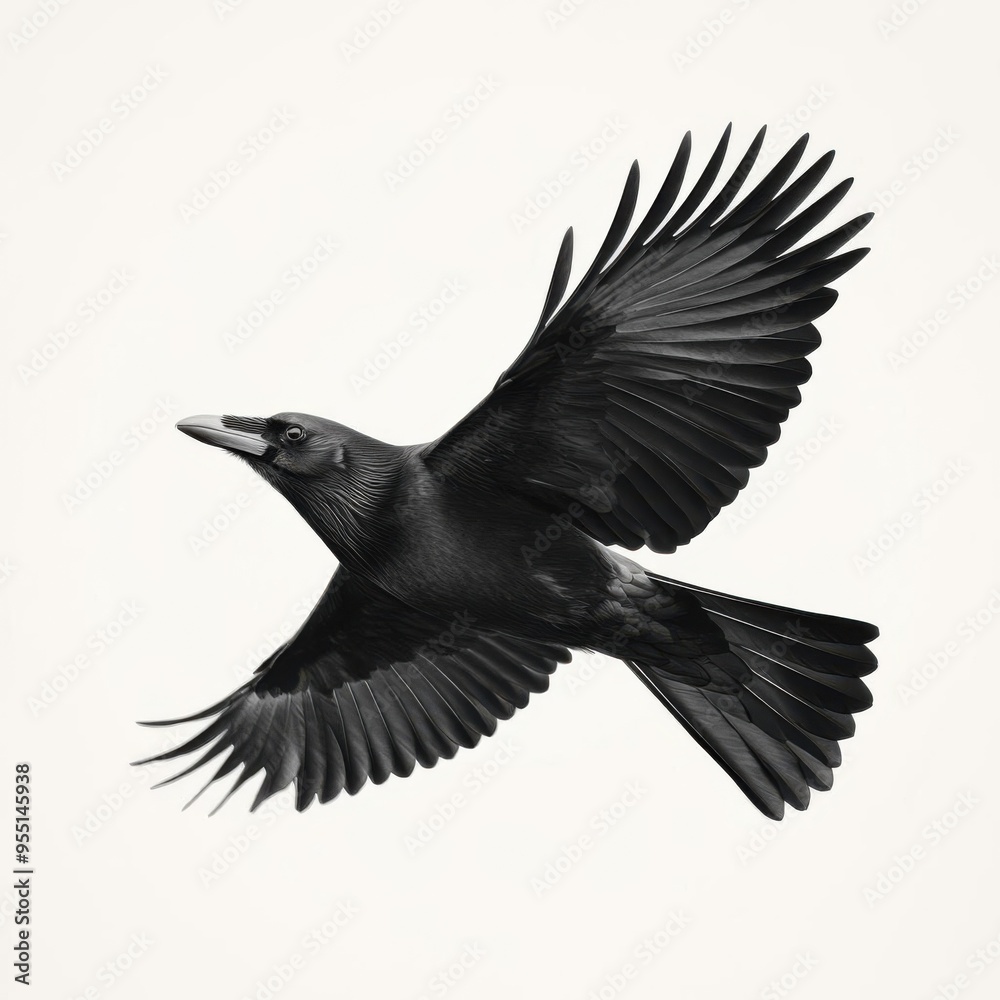 Fototapeta premium Detailed realistic HD of Crow in spreading wings and flying